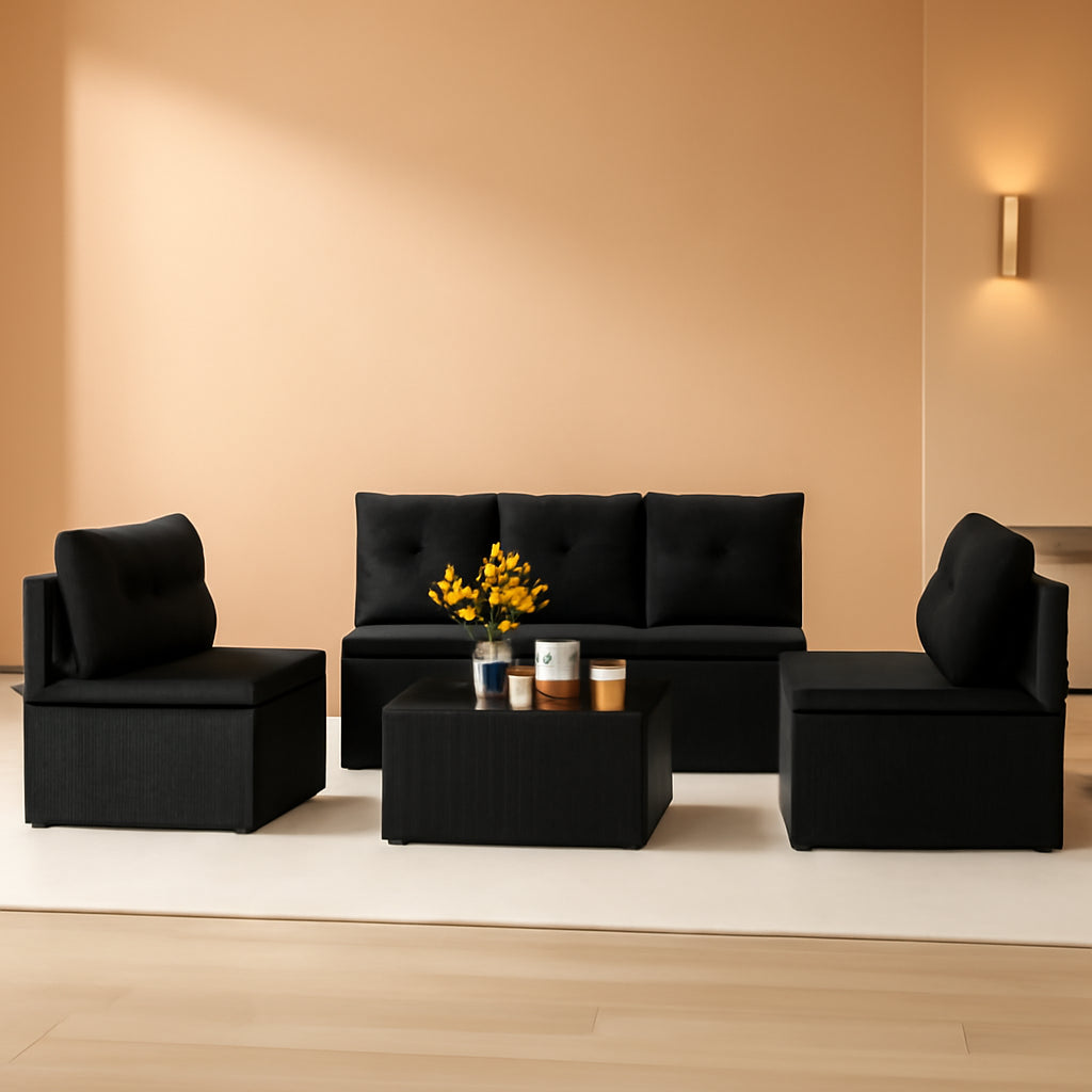 Black Rattan Outdoor Furniture Set With Glass Top Table