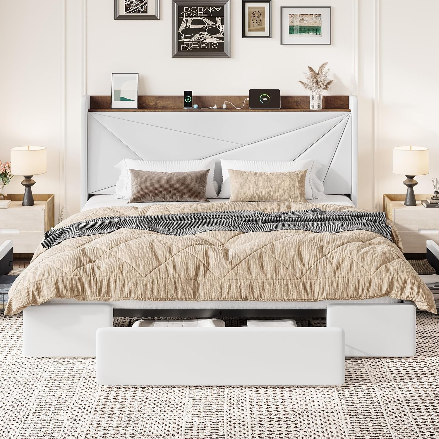 White Velvet Upholstered Bed Frame With USB Type C Ports
