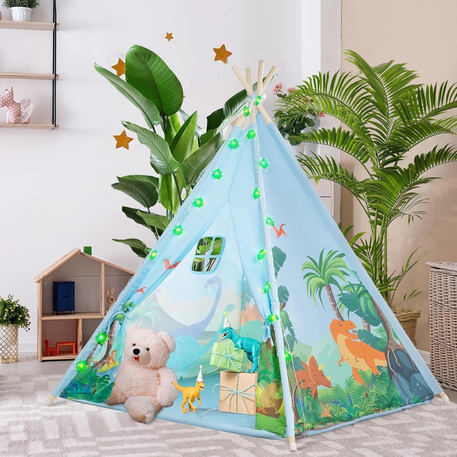 Kids Teepee Tent With Dinosaur Adventure LED String Lights