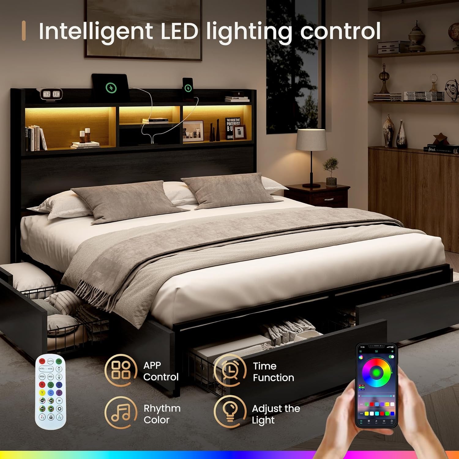 Vintage Black Queen Storage Bed Frame With USB Ports