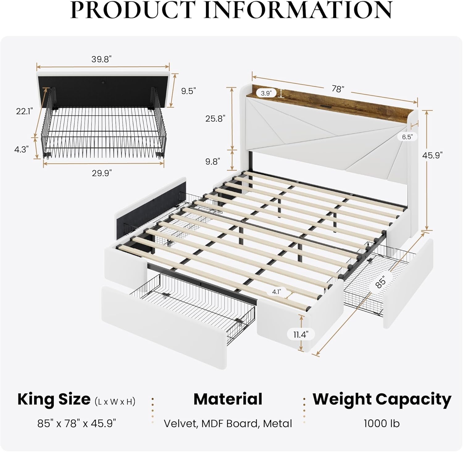 White Velvet Upholstered Bed Frame With USB Type C Ports