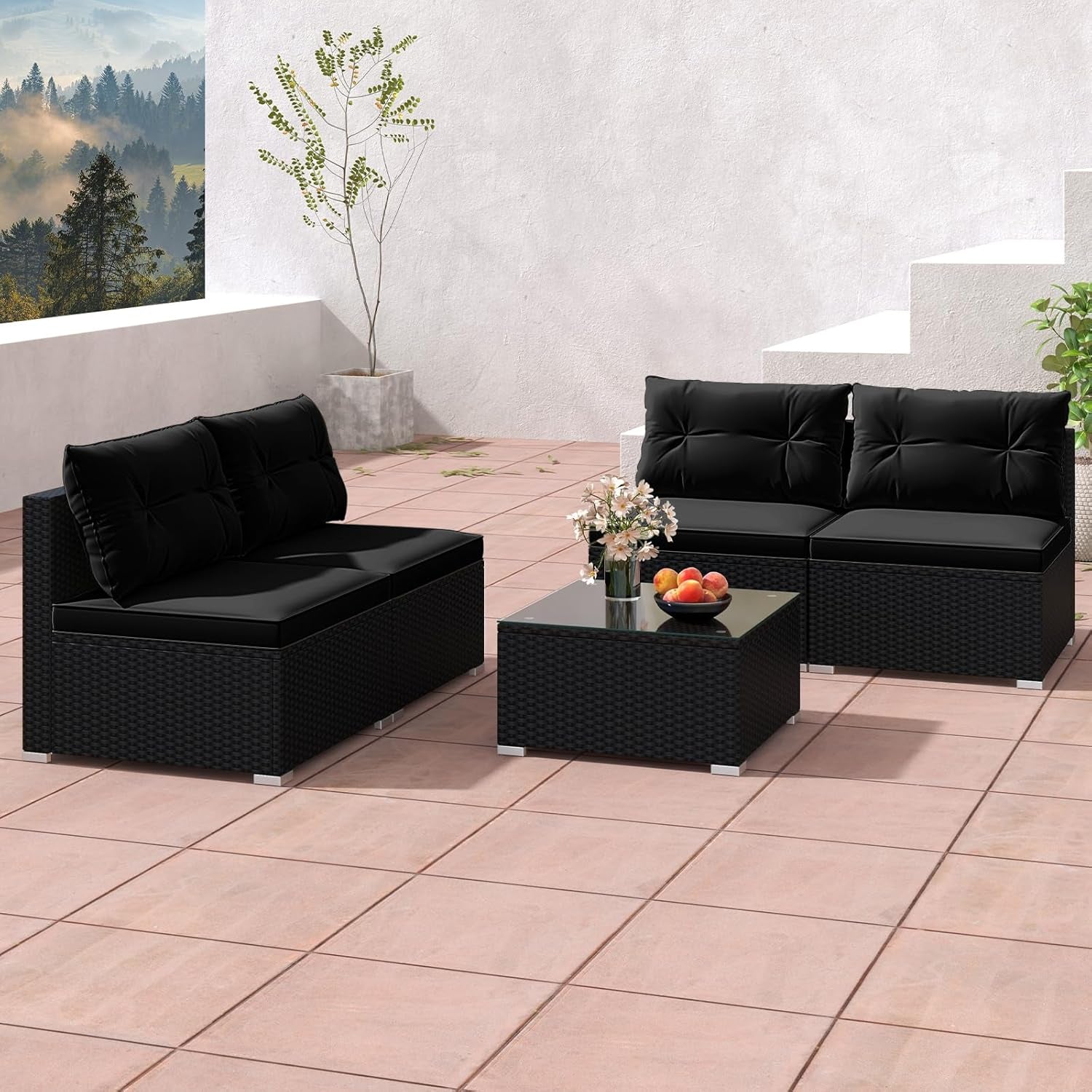 Black Rattan Outdoor Furniture Set With Glass Top Table