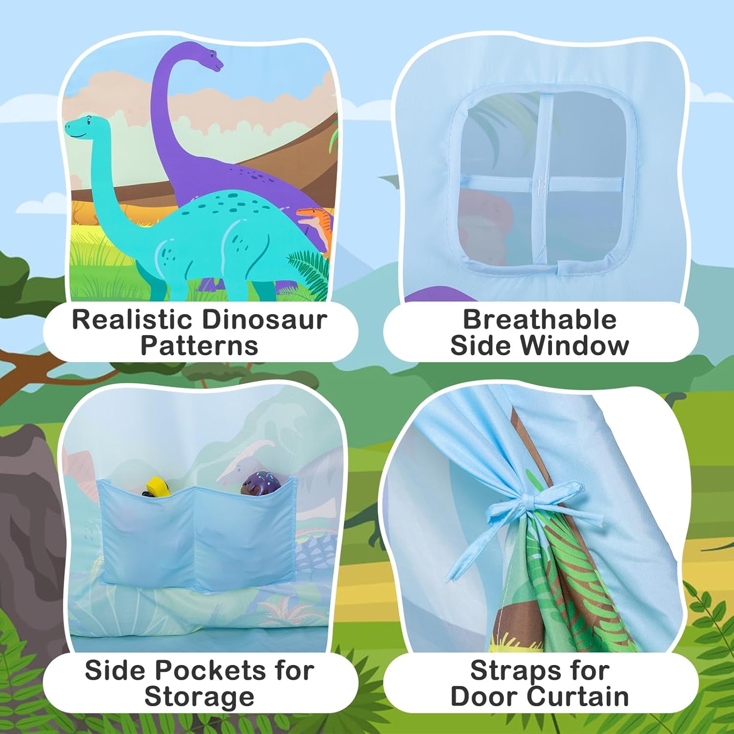 Kids Teepee Tent With Dinosaur Adventure LED String Lights