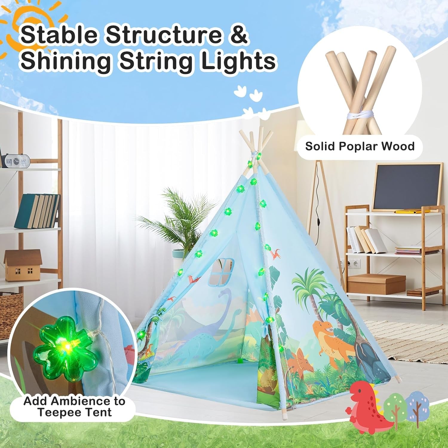 Kids Teepee Tent With Dinosaur Adventure LED String Lights