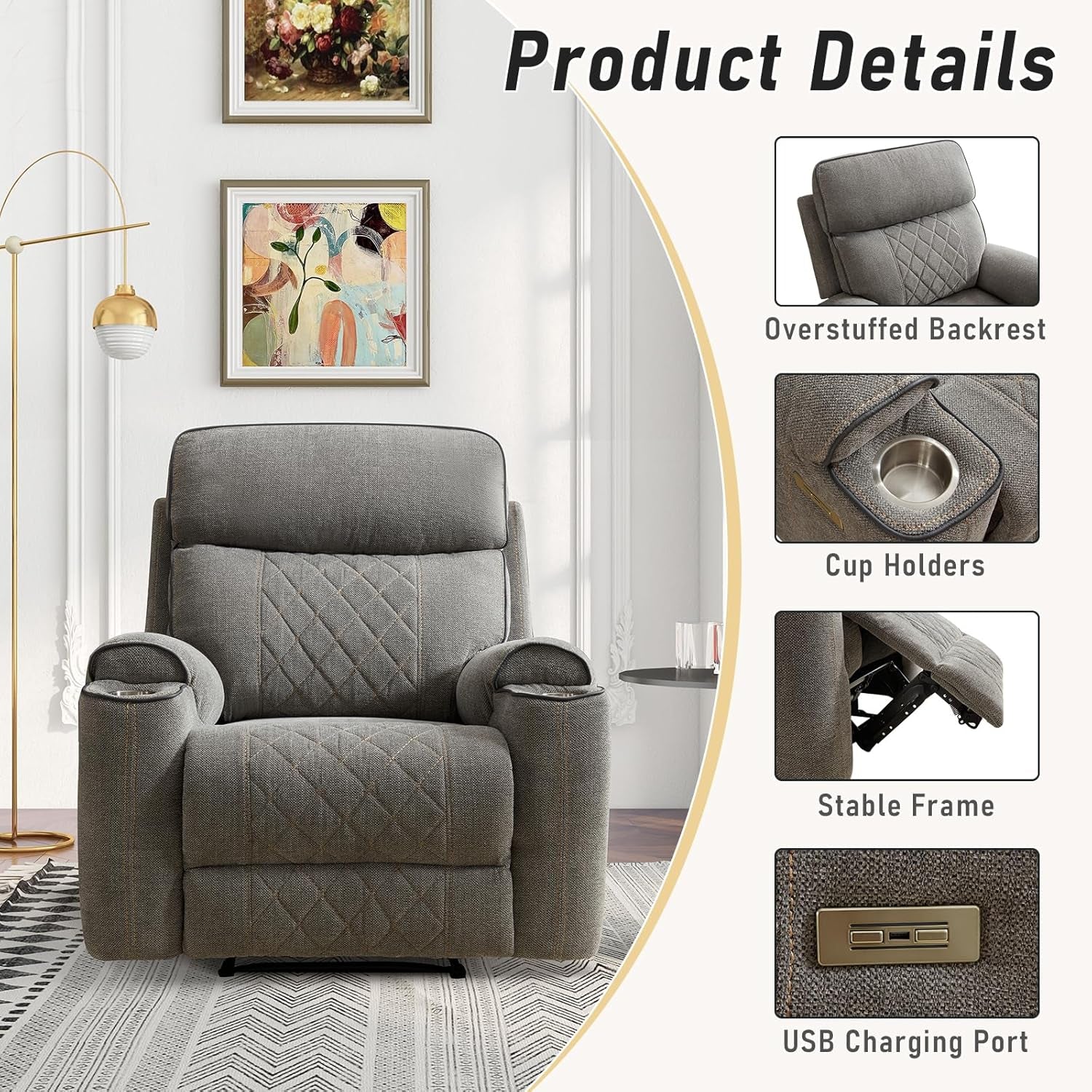 Electric Recliner Chair With USB Charging And Cup Holders
