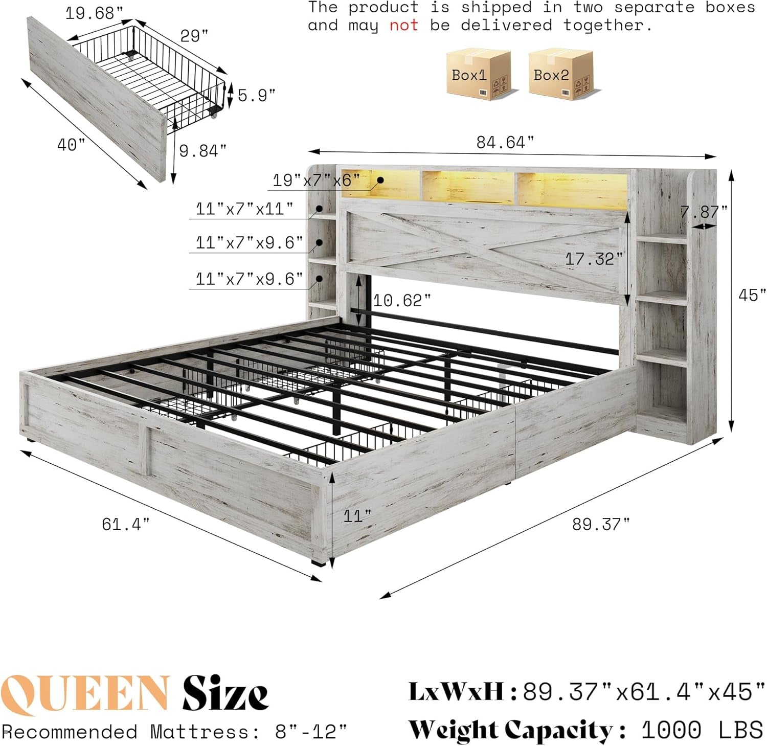 White Queen Bed Frame Featuring Book case Head board