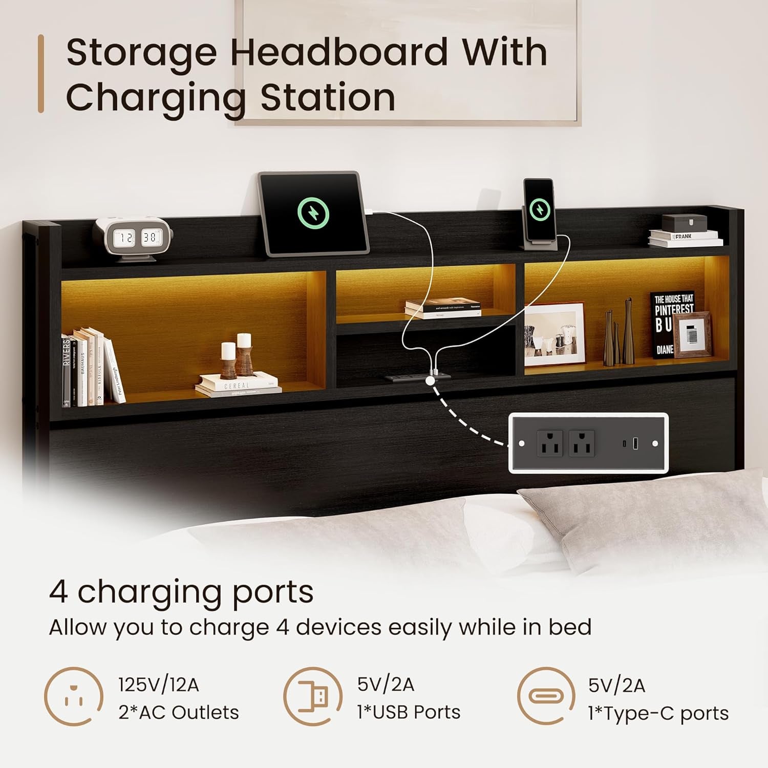 Vintage Black Queen Storage Bed Frame With USB Ports