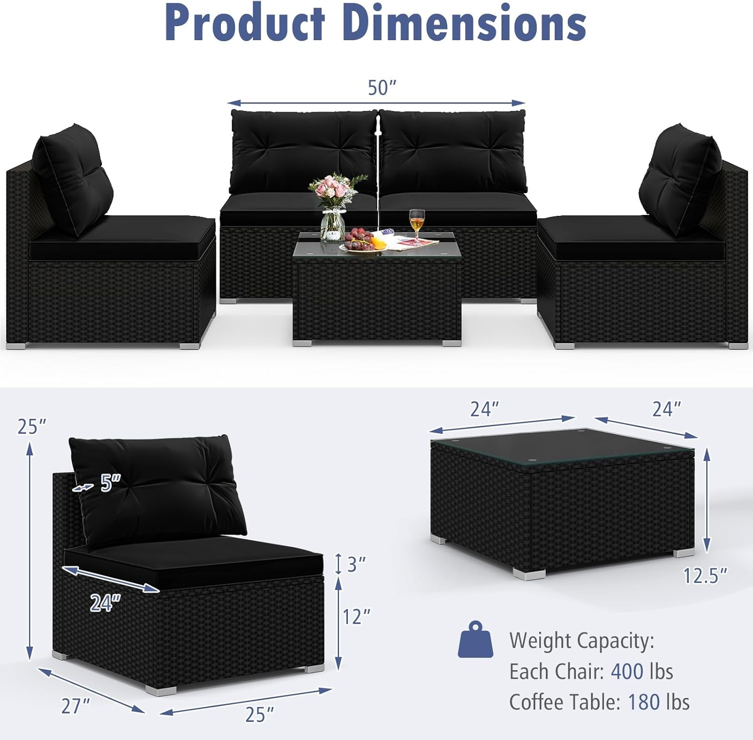 Black Rattan Outdoor Furniture Set With Glass Top Table