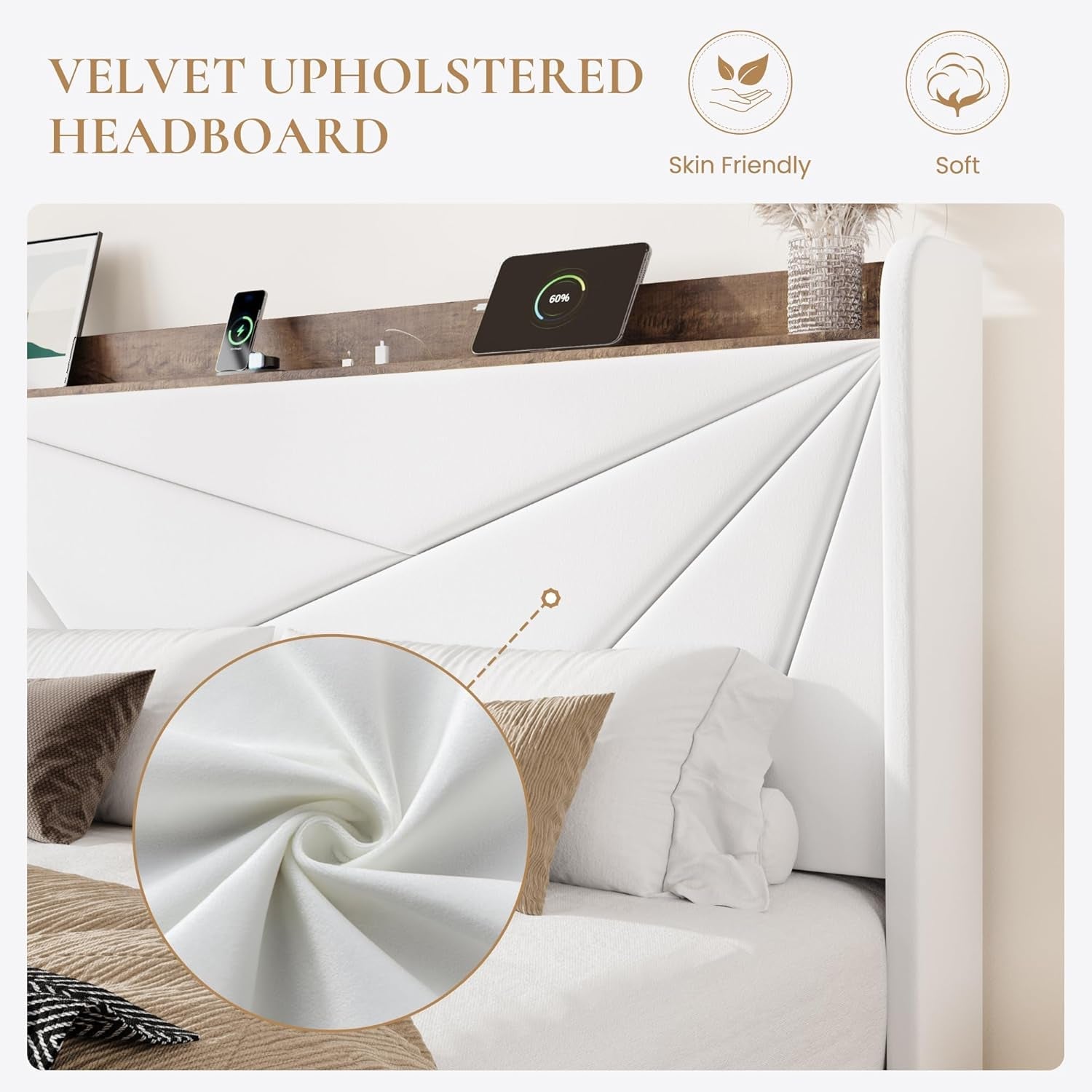 White Velvet Upholstered Bed Frame With USB Type C Ports