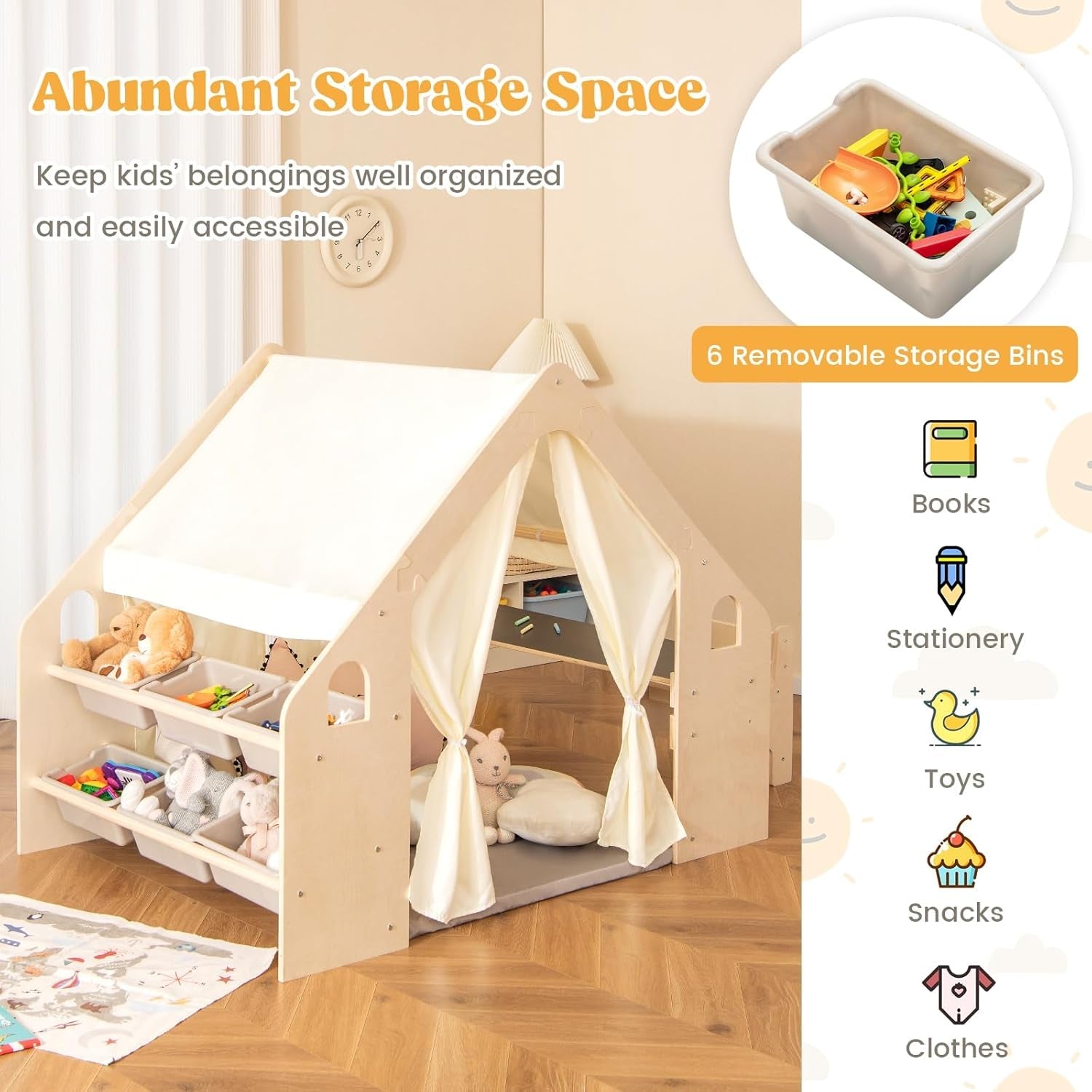 Large Wooden Play Tent With Multifunctional Storage