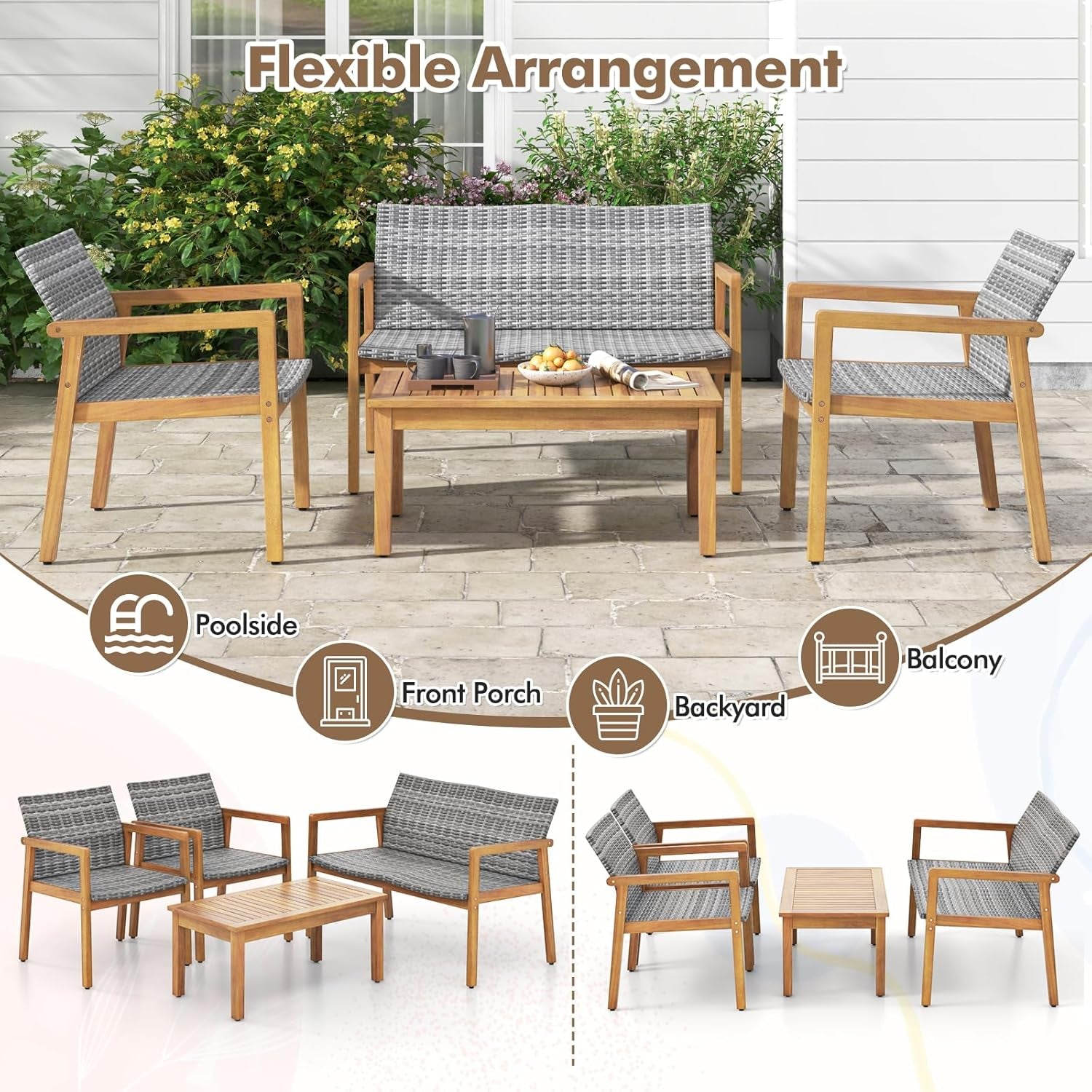 4 Piece Mix Gray Outdoor Furniture Set Acacia Wood