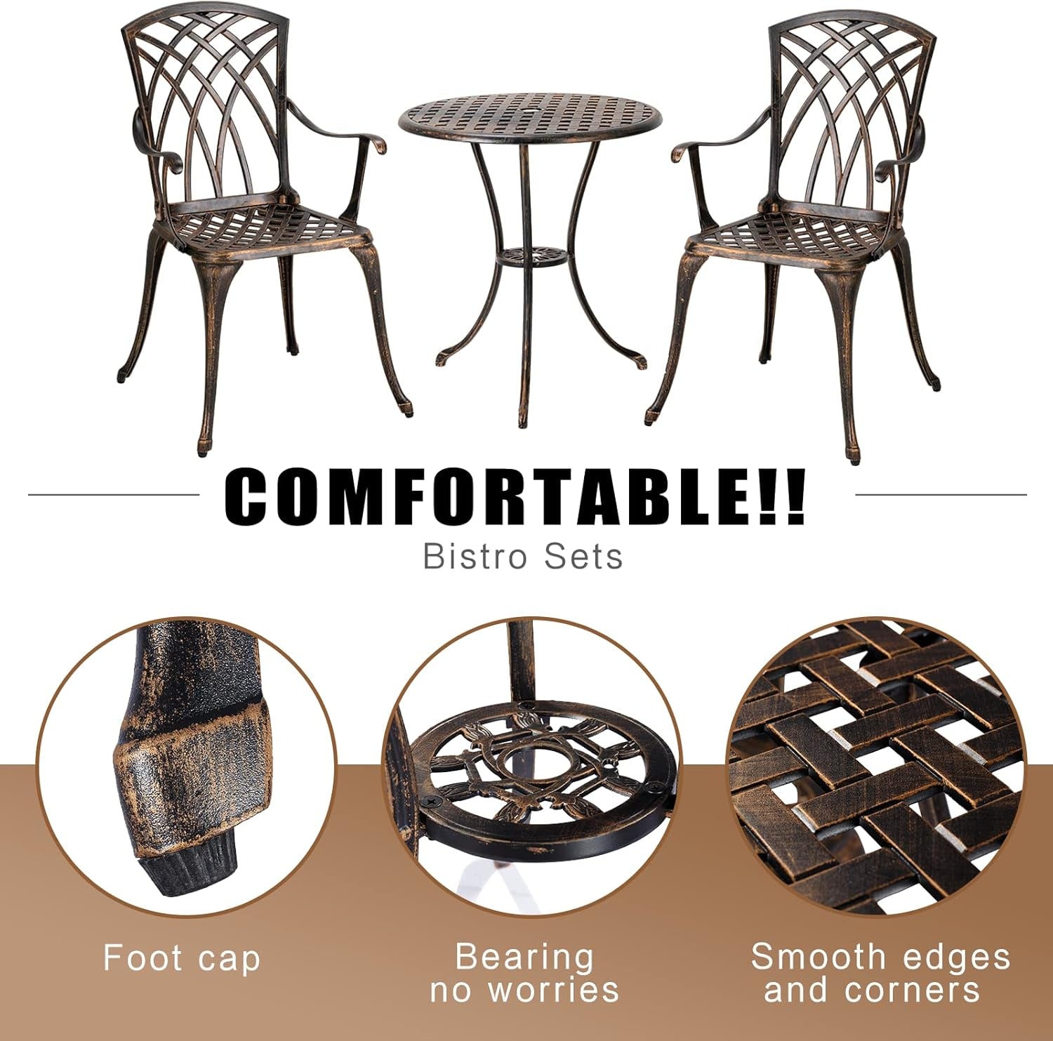 Bistro Set 3 Piece Rustproof Cast Aluminum Furniture Bronze