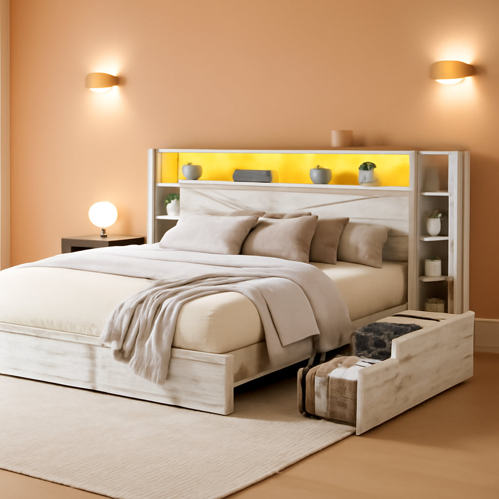 White Queen Bed Frame Featuring Book case Head board