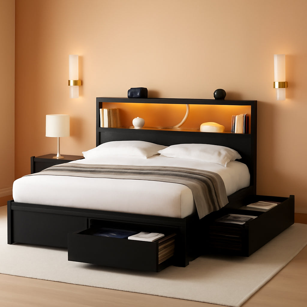 Vintage Black Queen Storage Bed Frame With USB Ports