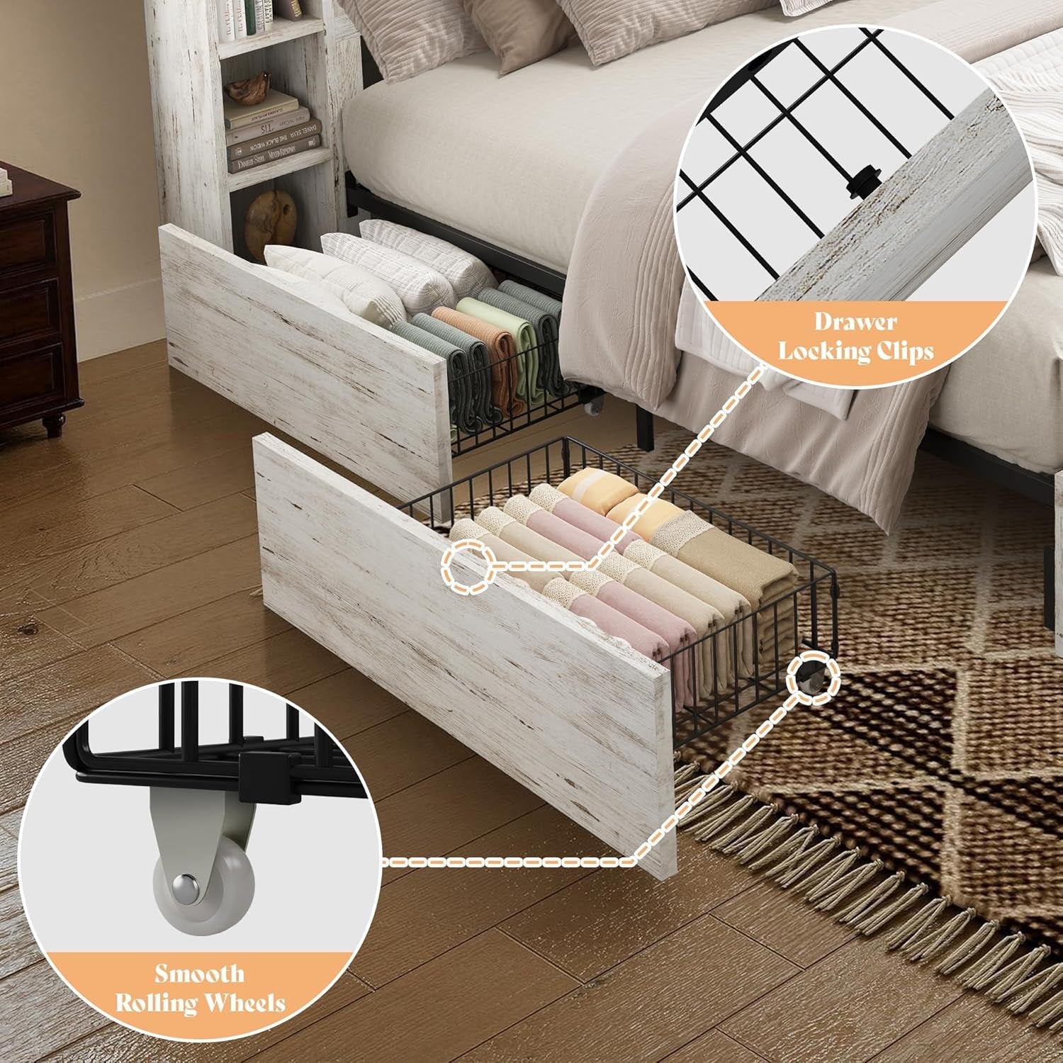 White Queen Bed Frame Featuring Book case Head board