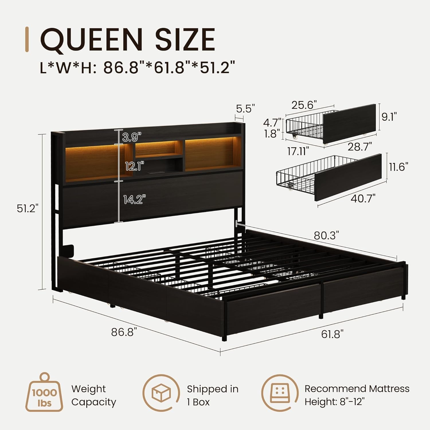 Vintage Black Queen Storage Bed Frame With USB Ports