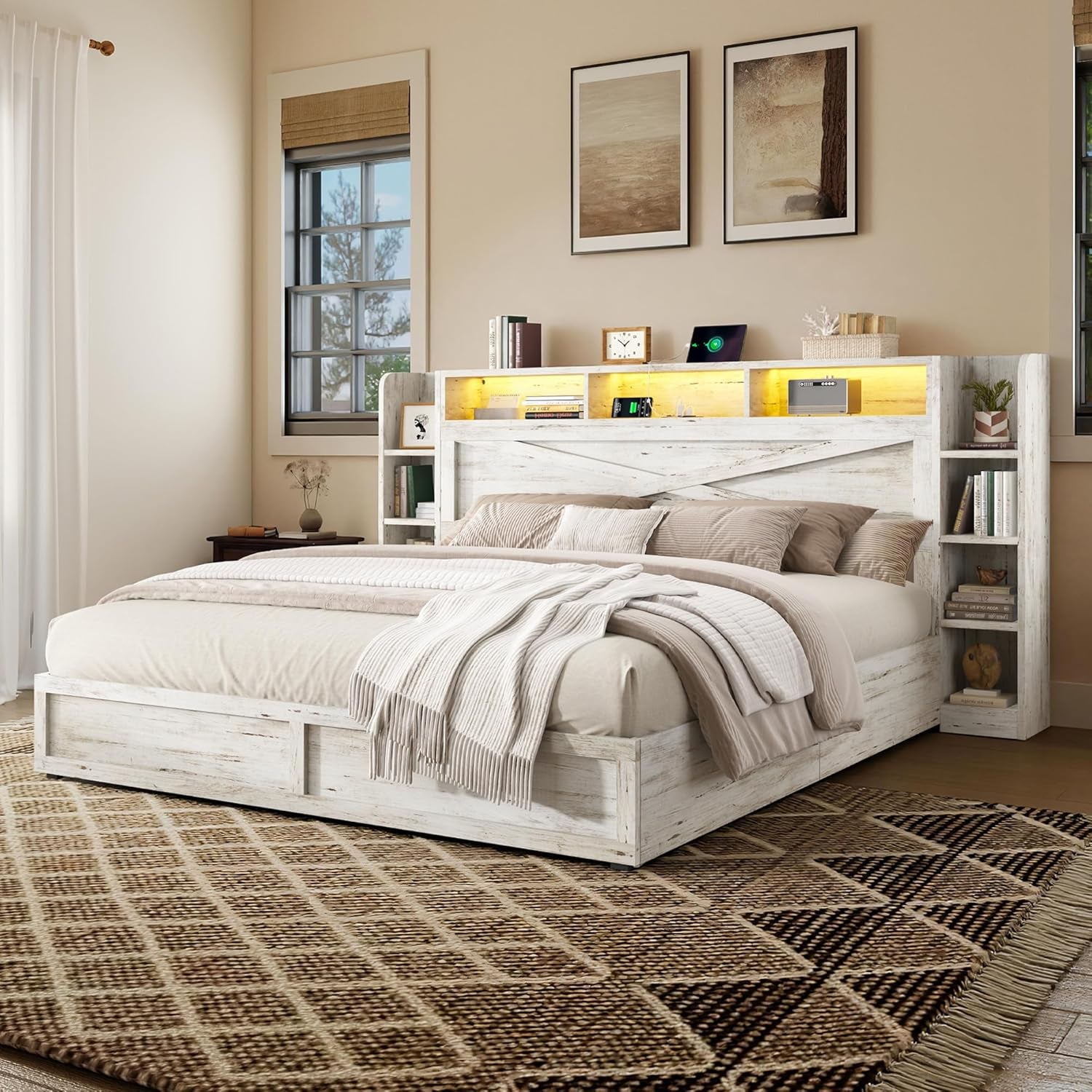 White Queen Bed Frame Featuring Book case Head board