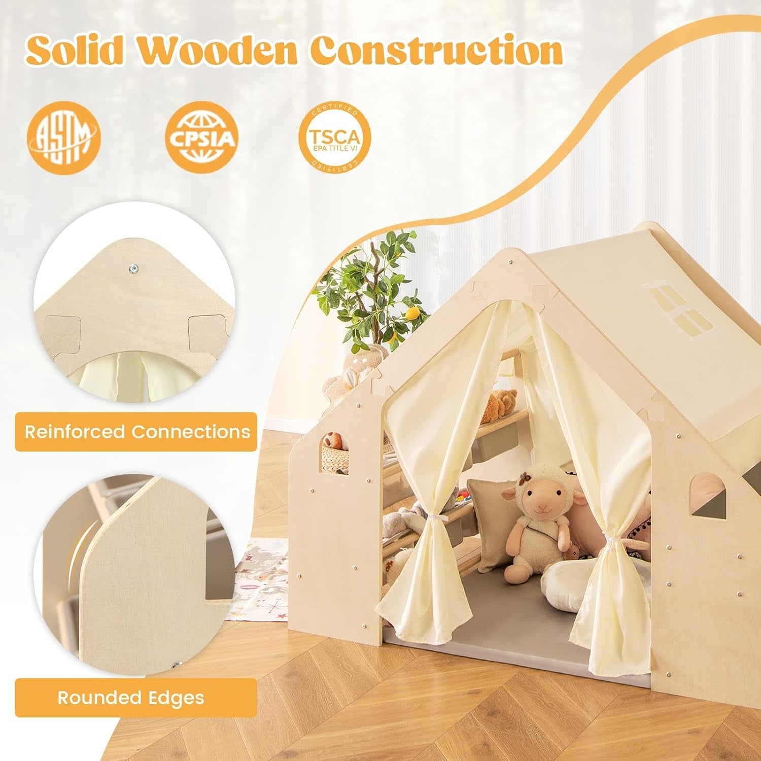 Large Wooden Play Tent With Multifunctional Storage