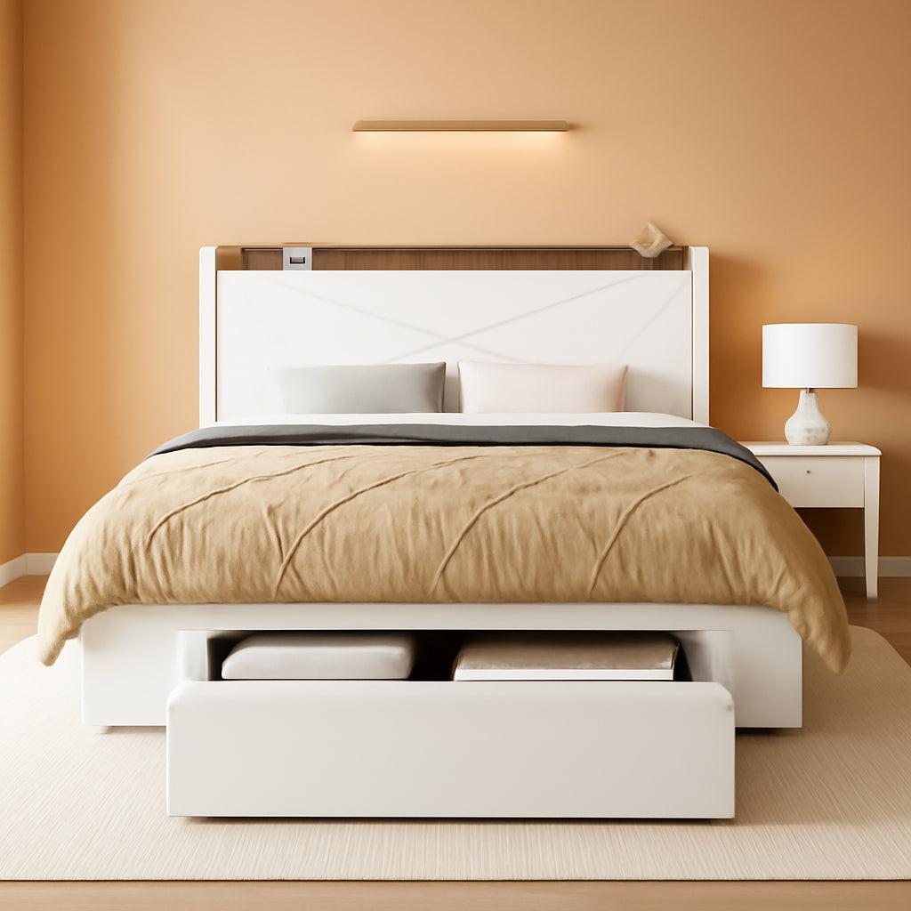White Velvet Upholstered Bed Frame With USB Type C Ports
