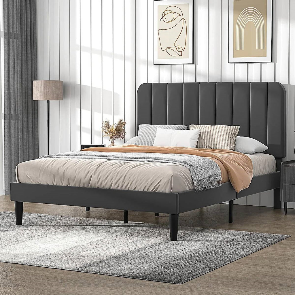 Full size Dark Grey Upholstered Platform Bed Frame with Headboard