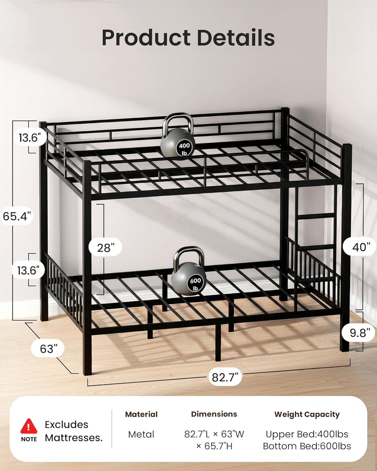Queen Over Queen Heavy Duty Steel Bunk Bed Black Frame