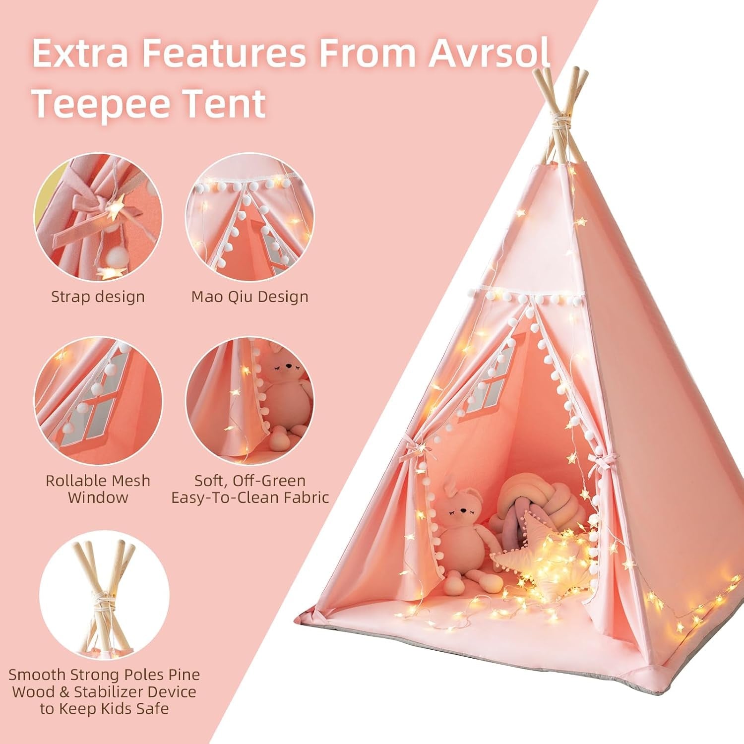 Pink Kids Teepee Tent With Mat Foldable Cotton Canvas