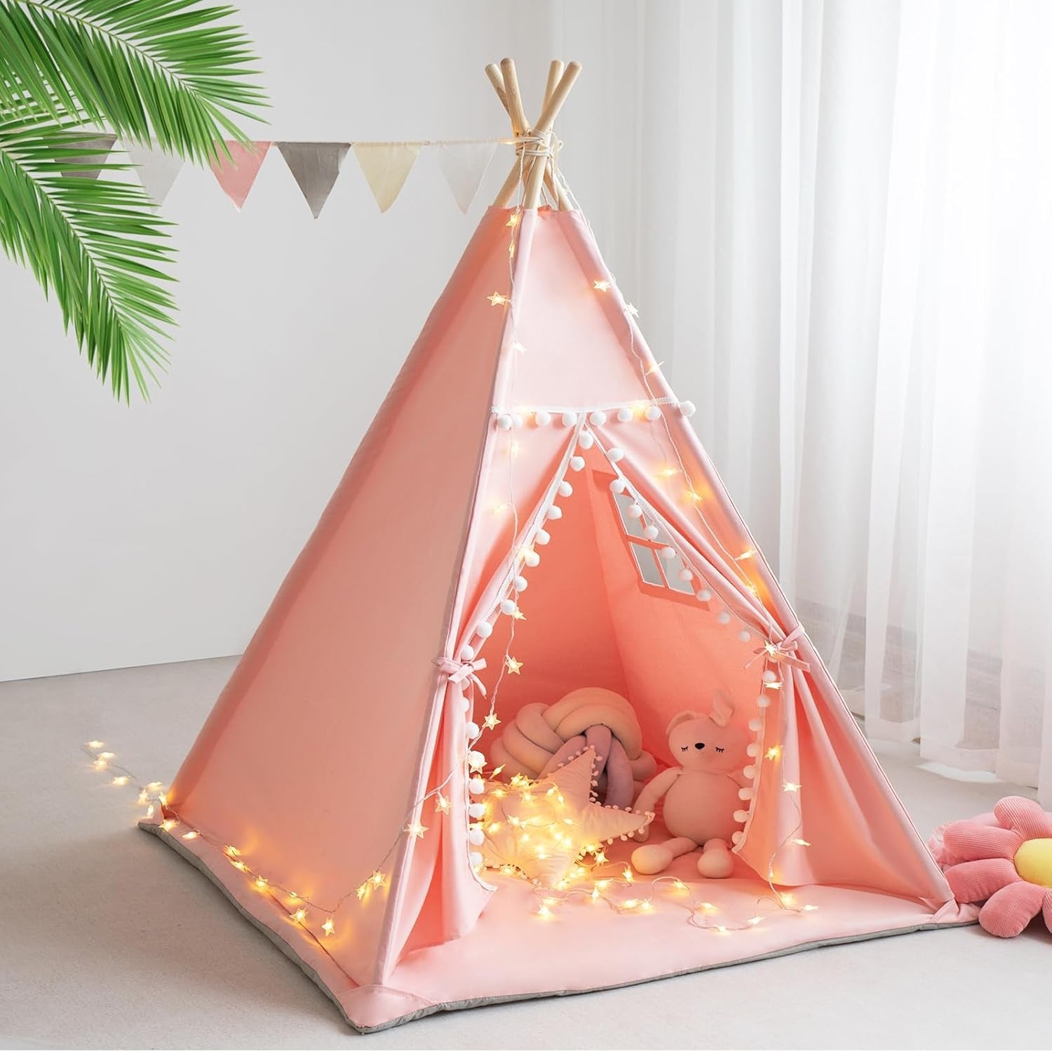 Pink Kids Teepee Tent With Mat Foldable Cotton Canvas