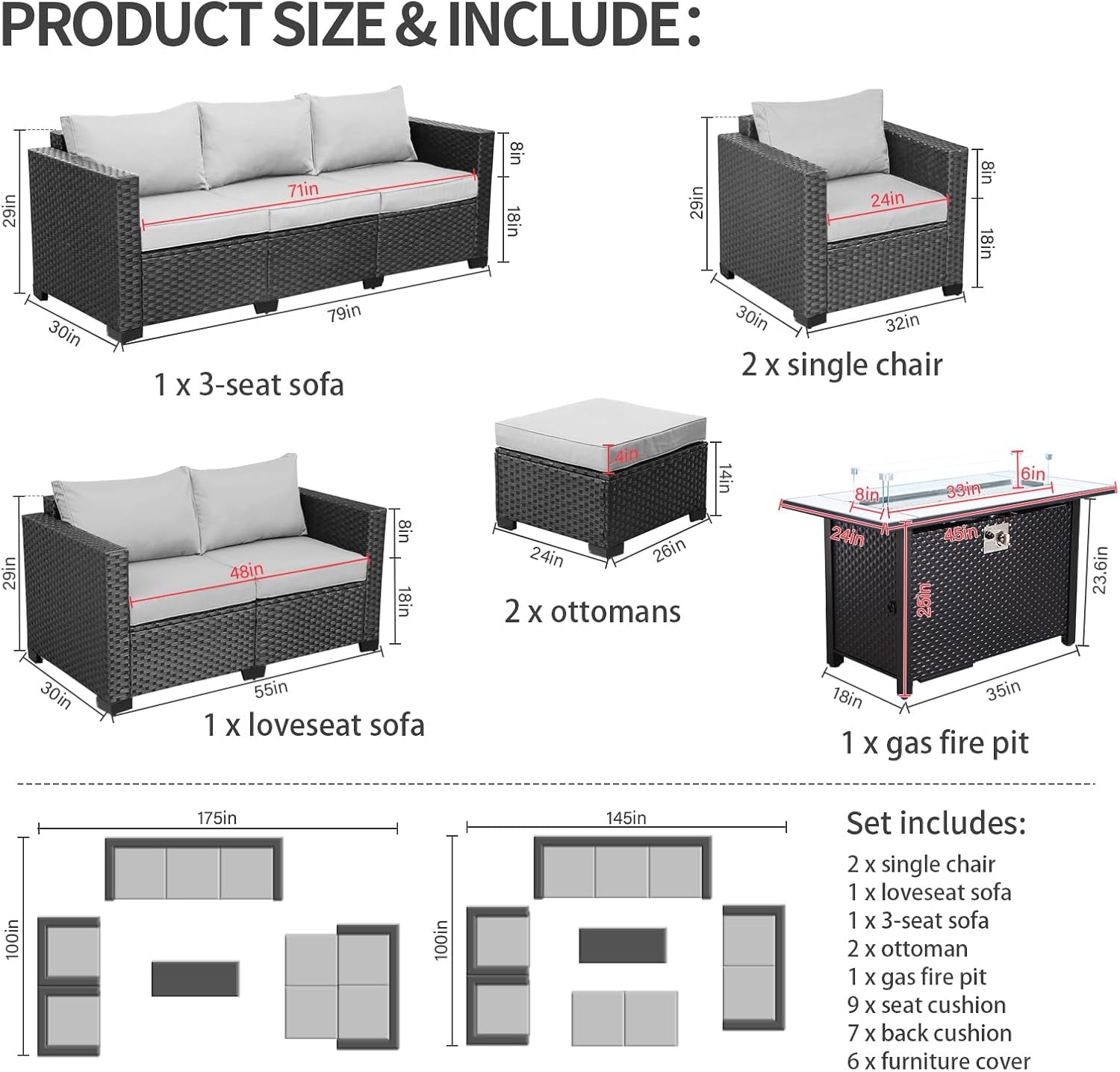 7 Piece Outdoor Furniture Set With 45 Inch Fire Pit