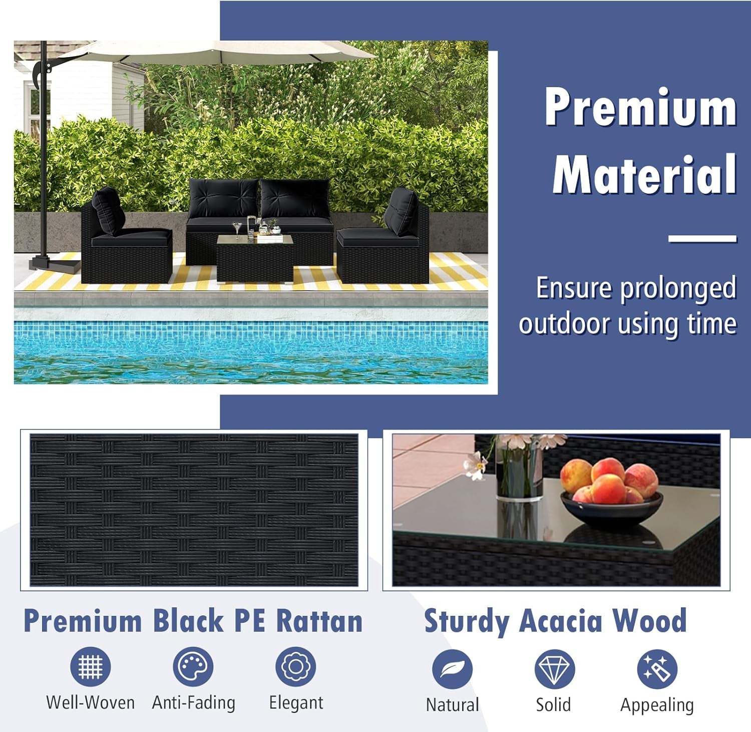 Black Rattan Outdoor Furniture Set With Glass Top Table