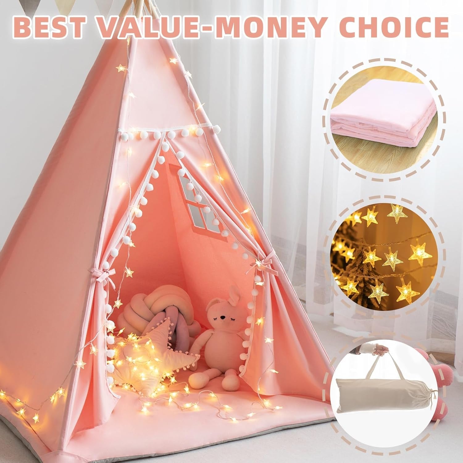 Pink Kids Teepee Tent With Mat Foldable Cotton Canvas