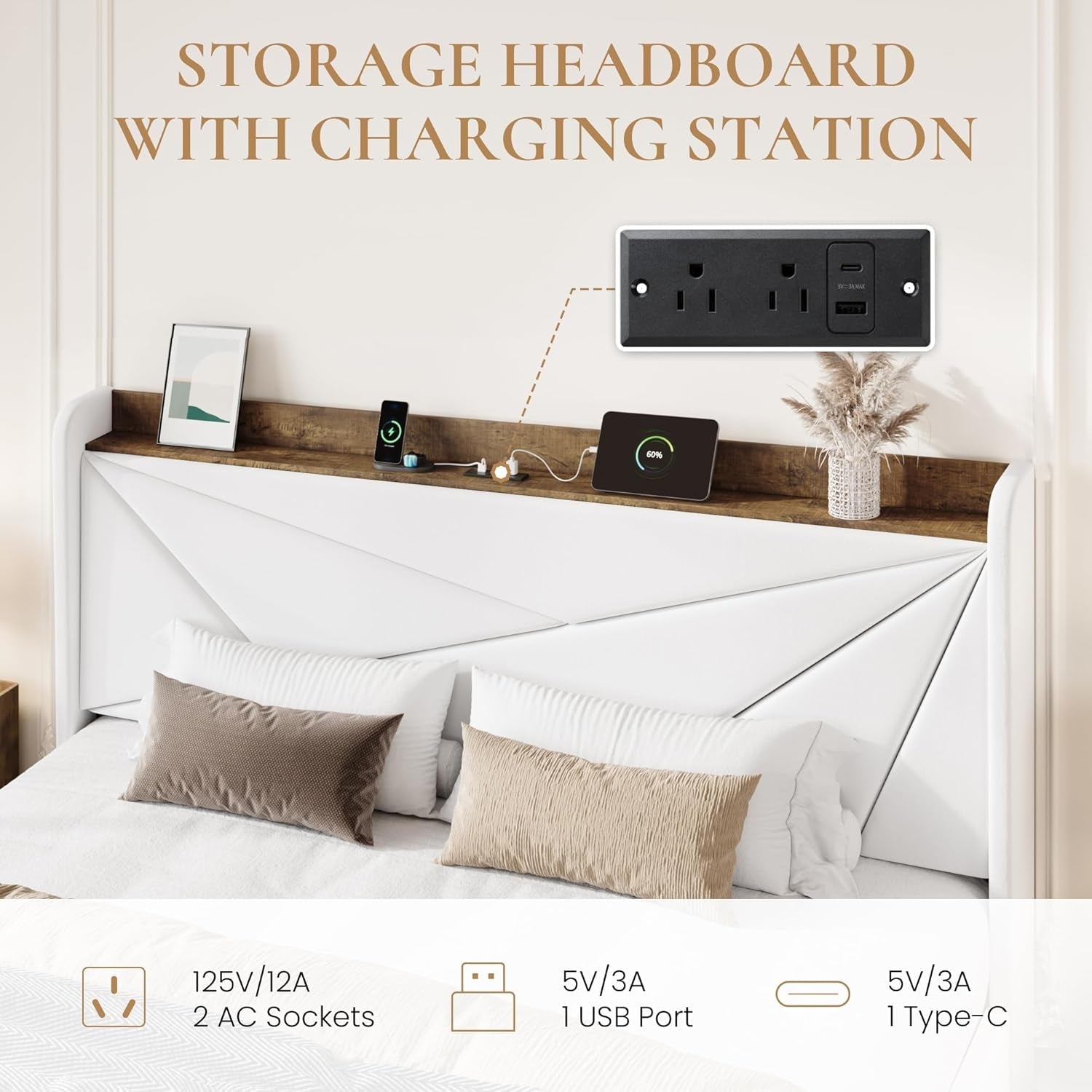 White Velvet Upholstered Bed Frame With USB Type C Ports