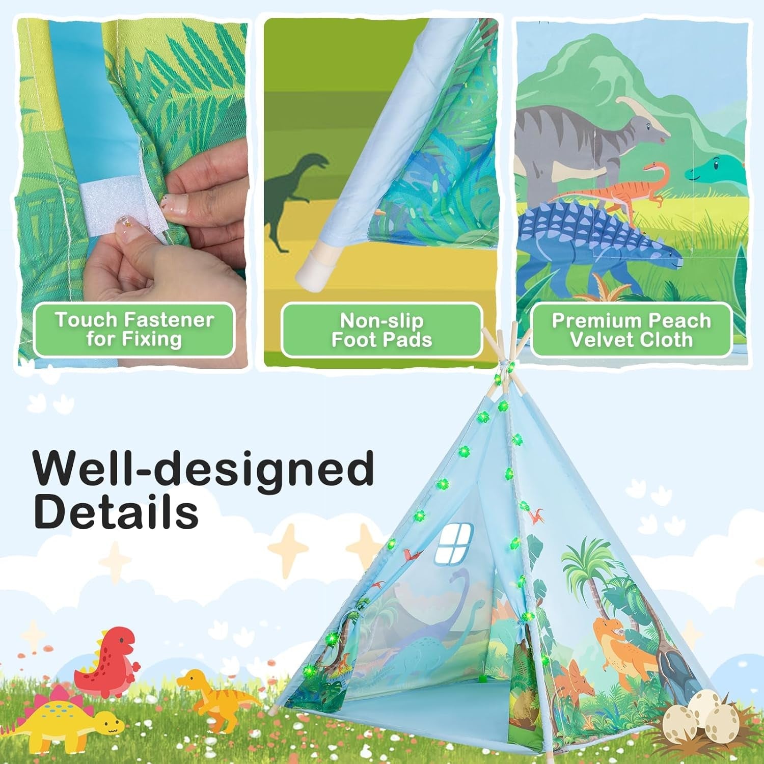 Kids Teepee Tent With Dinosaur Adventure LED String Lights